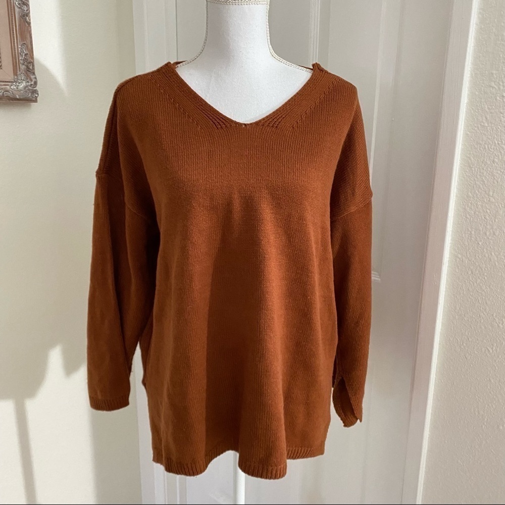 Monocode Brown V-Neck Sweater Tie Back 3/4 Sleeves Sz Medium